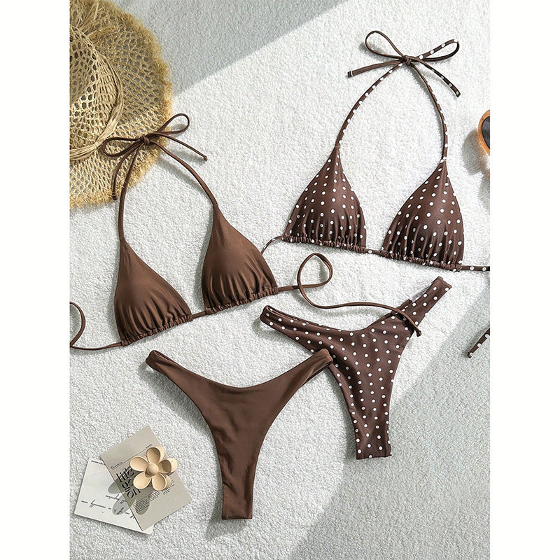 Dame triangel-bikini-sæt med rynkedetaljer og prikket design Skovae