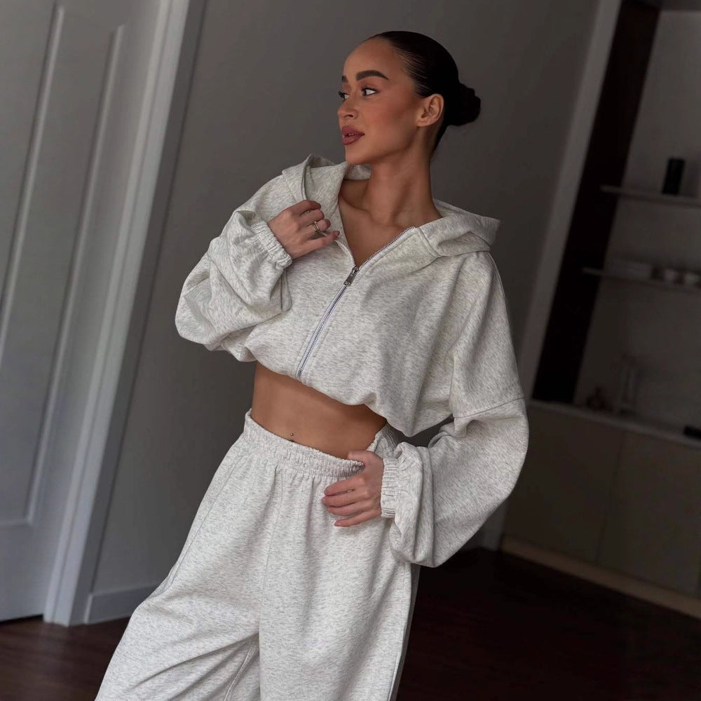 Kvinders afslappede cropped hoodie og bredskåne joggingbukser sæt Stilla