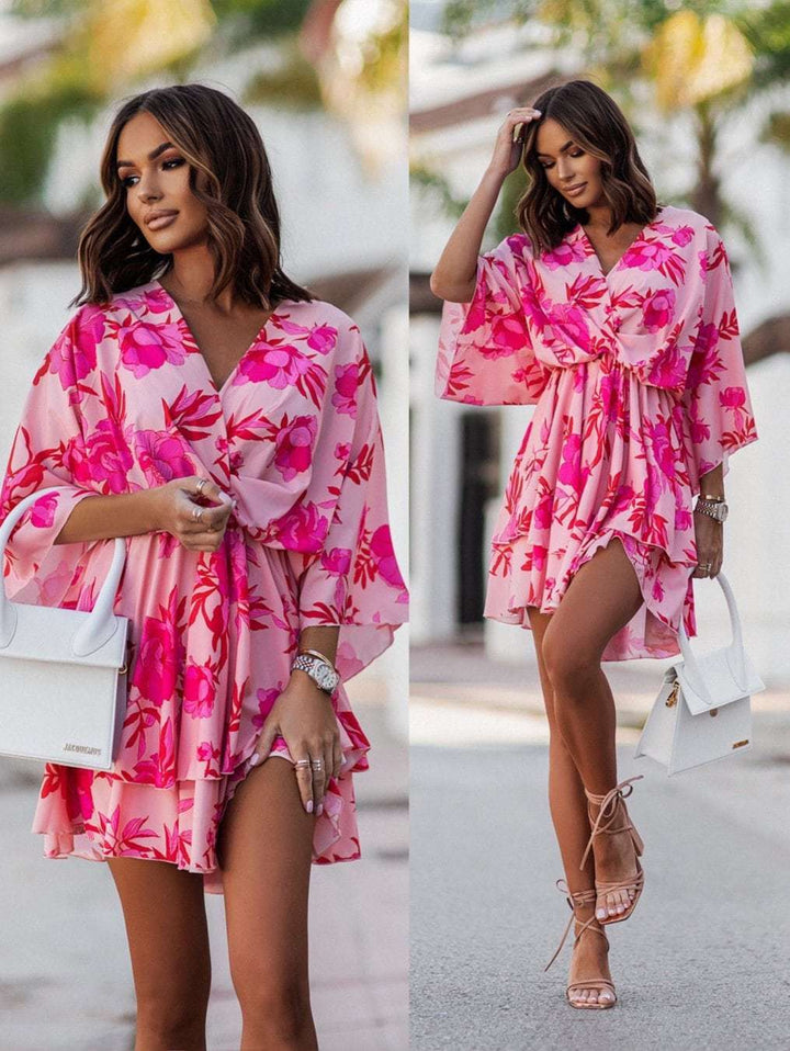 Dame Floral Rynket Mini Kjole med V-Udsnit Stilla
