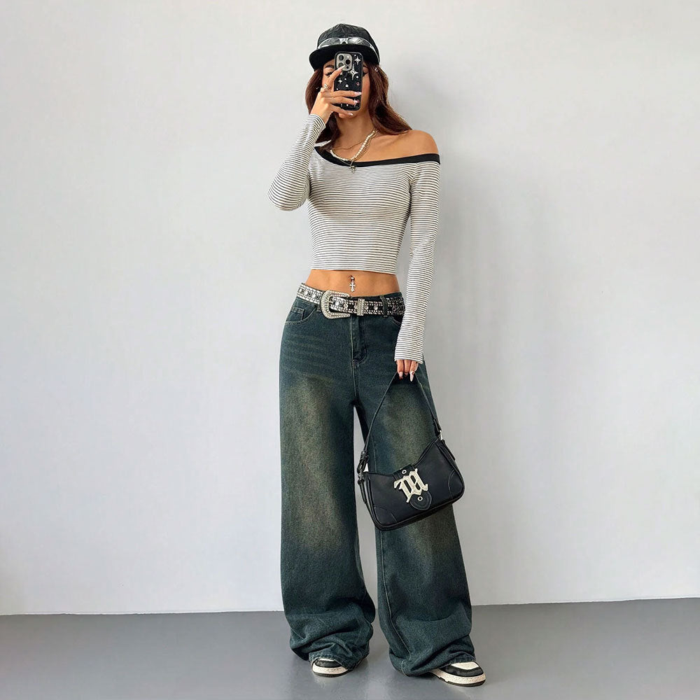 Kvinders Off-Shoulder Langærmet Skjorte med Stribet Design Stilla