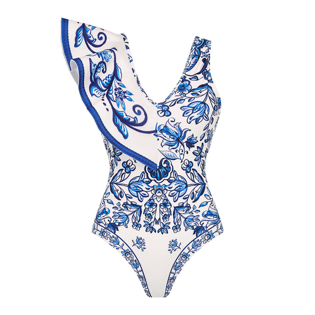 Dame heldragt badedragt med floralt design og asymmetrisk skulder Stilla