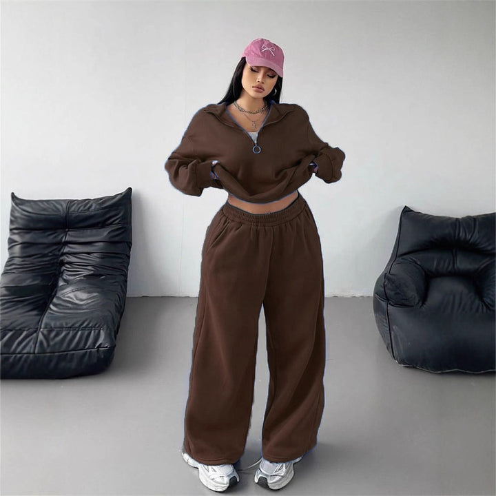 Dame sporty fleece loungewear sæt med høj krave og løs pasform Skovae