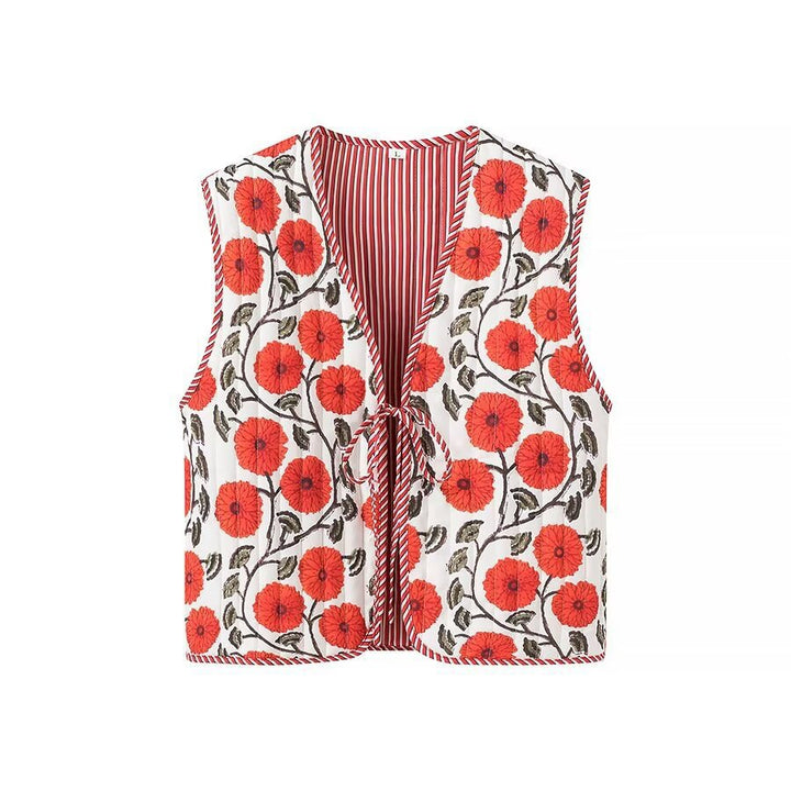 Dame Floral Broderet Vest med Binding Stilla
