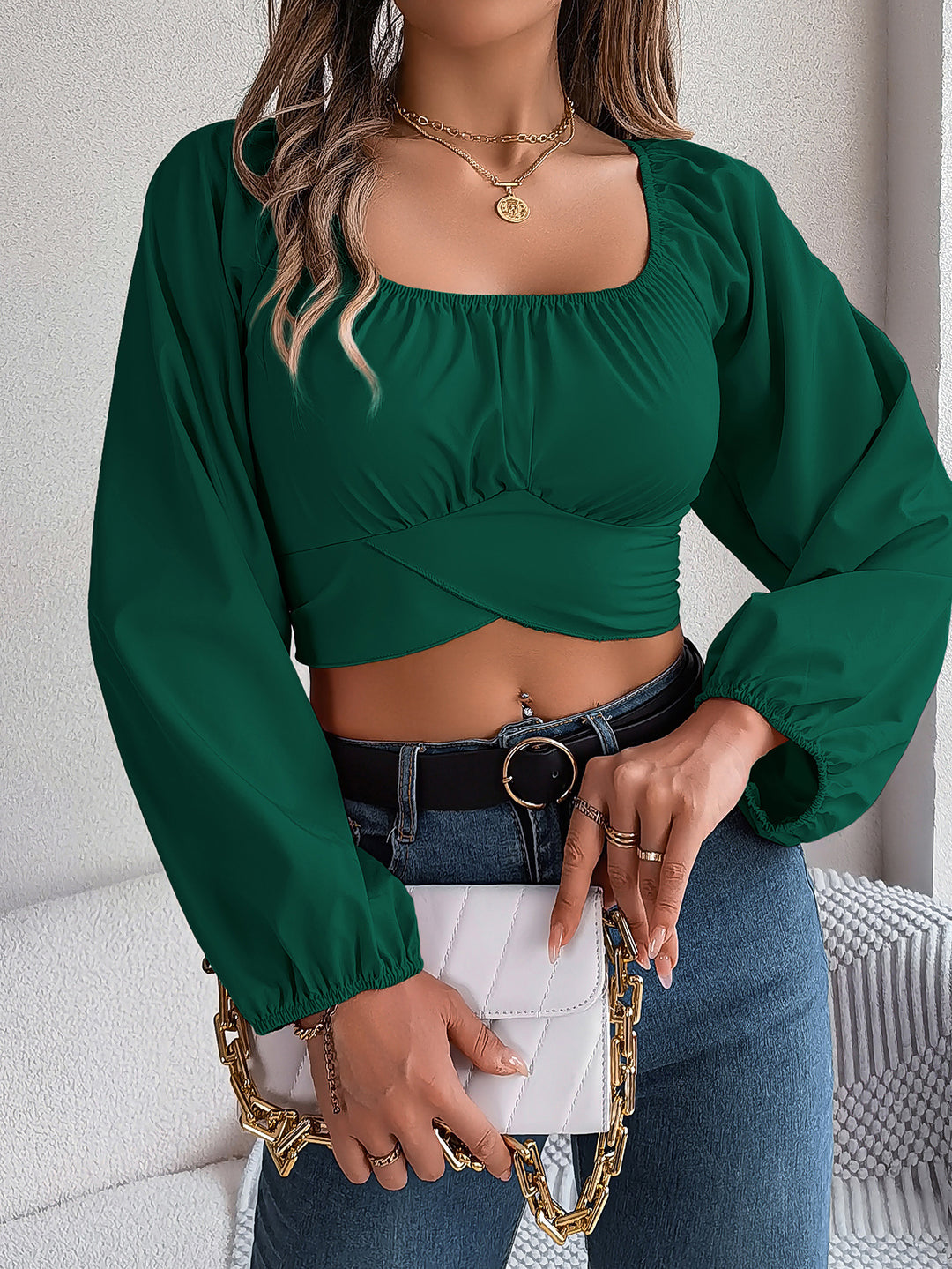 Dame Cropped Bluse med udvidede ærmer og knude detaljer Stilla