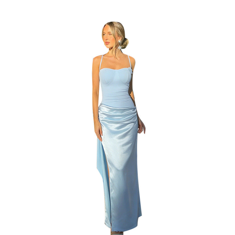 Dame Elegant Satin Maxikjole med sidelange split Skovae
