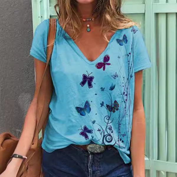 Dame V-hals sommerfugl tryk T-shirt Stilla