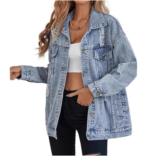 Dame afslappet denimjakke i oversized snit med vintage-accenter Stilla