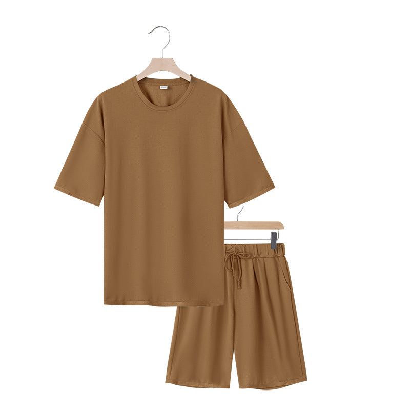 Herrer afslappet jersey-sæt med forlænget rundhalset T-shirt og elastiske snoretræk-shorts Skovae