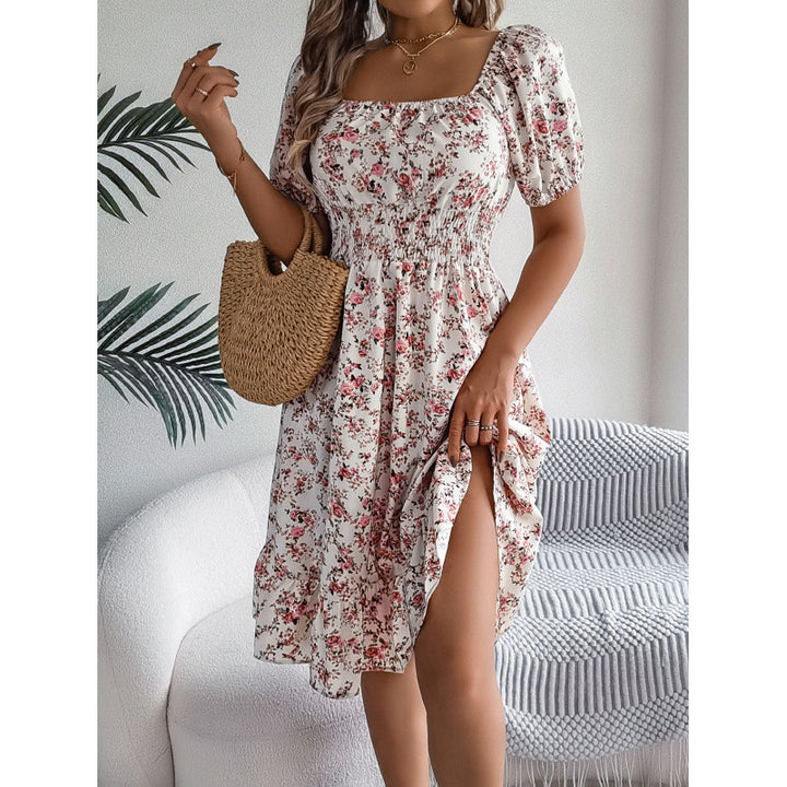 Dame Smocked Floral Print Midi Kjole med sidelæg Stilla