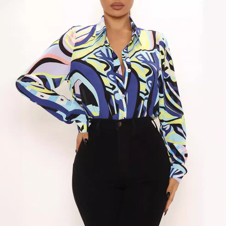 Dame elegant og farverig bluse med klassisk krave Stilla