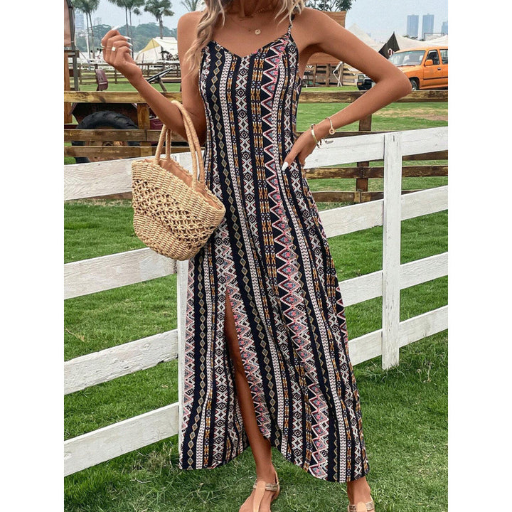 Femme Tribal Print Maxi Kjole med justerbare stropper Stilla