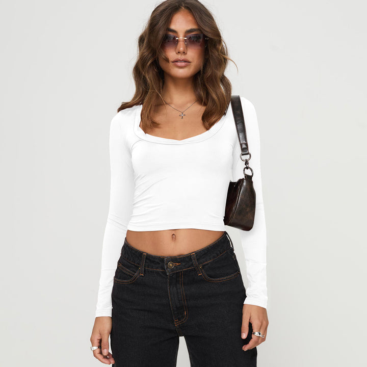 Dame Langærmet Crop-Top med dyb rund halsudskæring af blødt materiale Stilla
