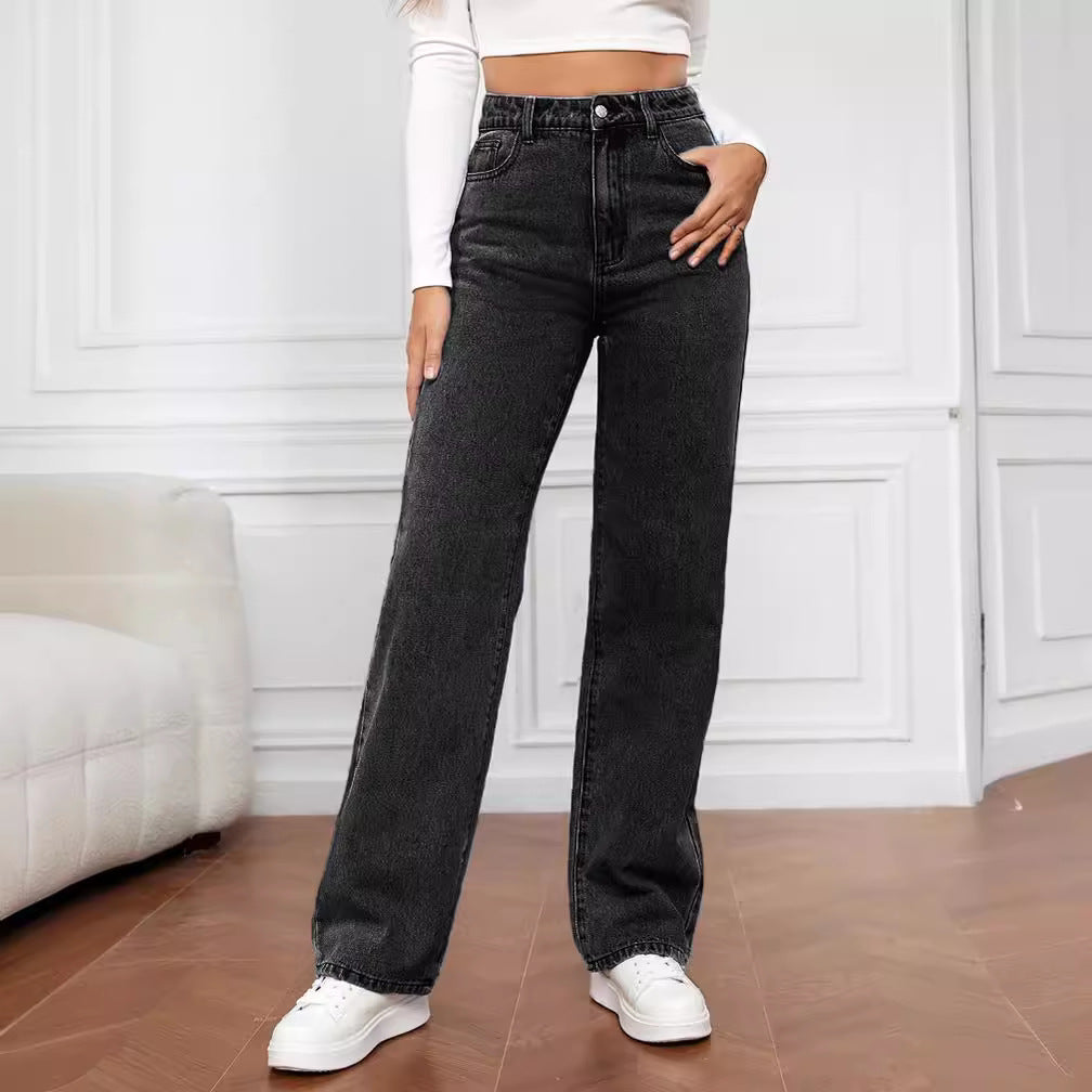 Kvinder Bred Skåret Høj Talje Jeans med Casual Look og Klassiske Lommer Stilla