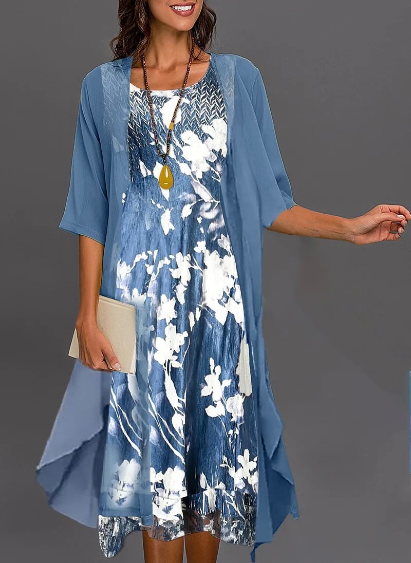 Dame elegant fritidskjole med asymmetrisk kant og floral design Stilla