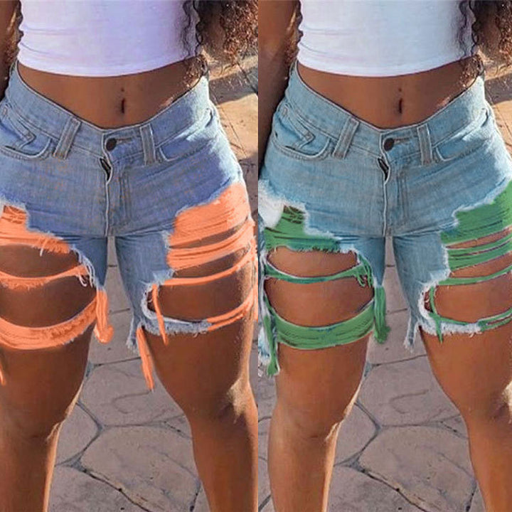 Dame Jeans-shorts med markante revnedetaljer og frynsende kant Stilla