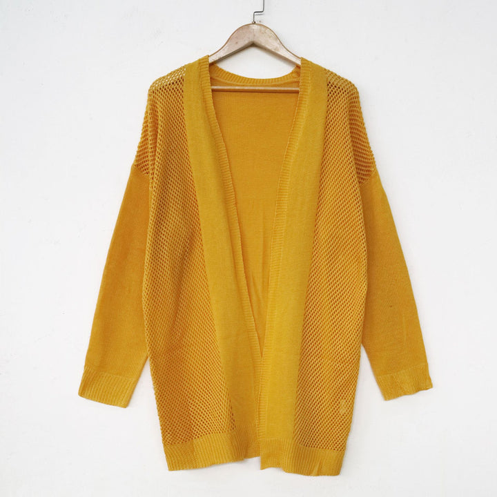 Dame løs strik-kimono med luftig netlook og sidelange slids Stilla
