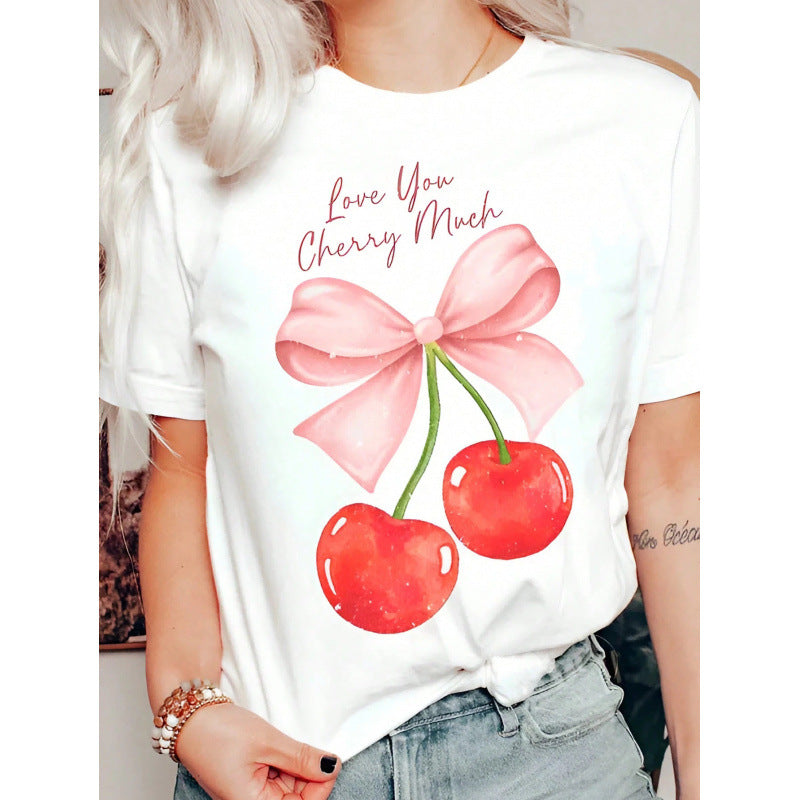 Dame T-shirt med originalt kirsebærdesign og sløjfetryk Stilla