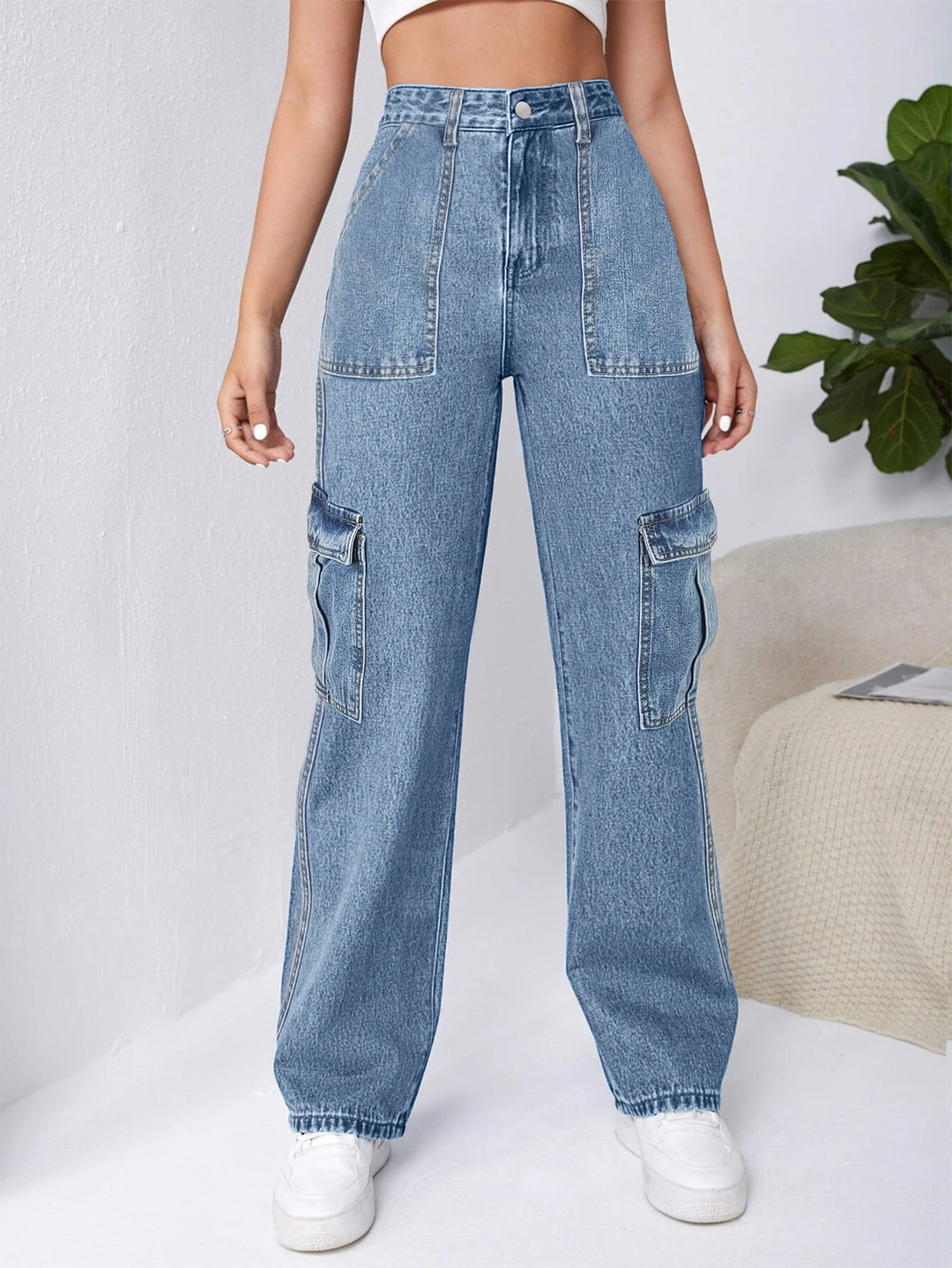 Dame Cargo-Jeans med høj talje og praktiske lommer Stilla