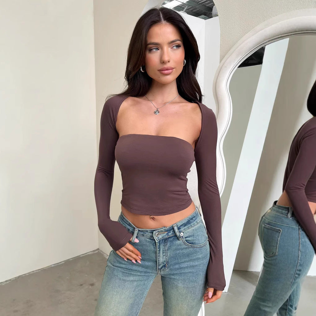 Dame Langærmet Crop-Top med kropsnær pasform og vid udkæring Skovae