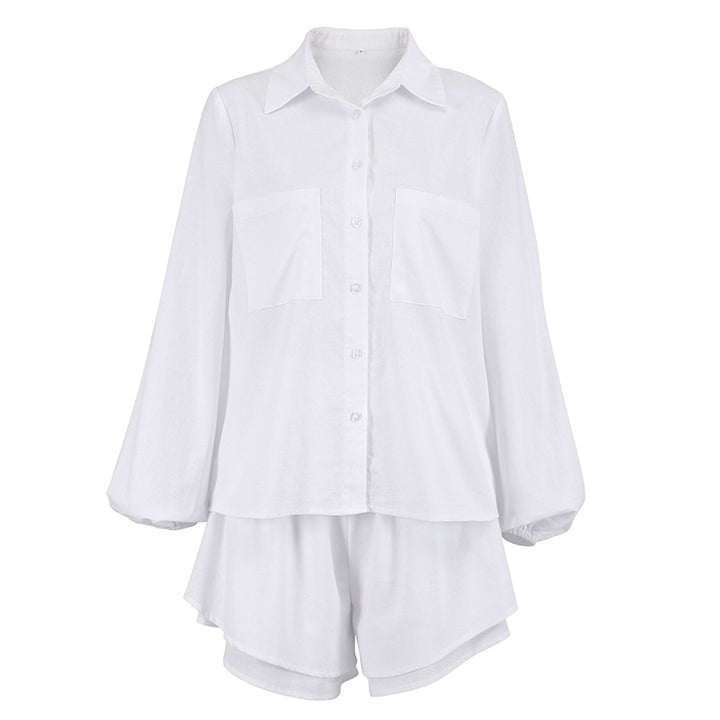 Dame løs linned shorts sæt med oversized skjorte og elastisk talje Stilla
