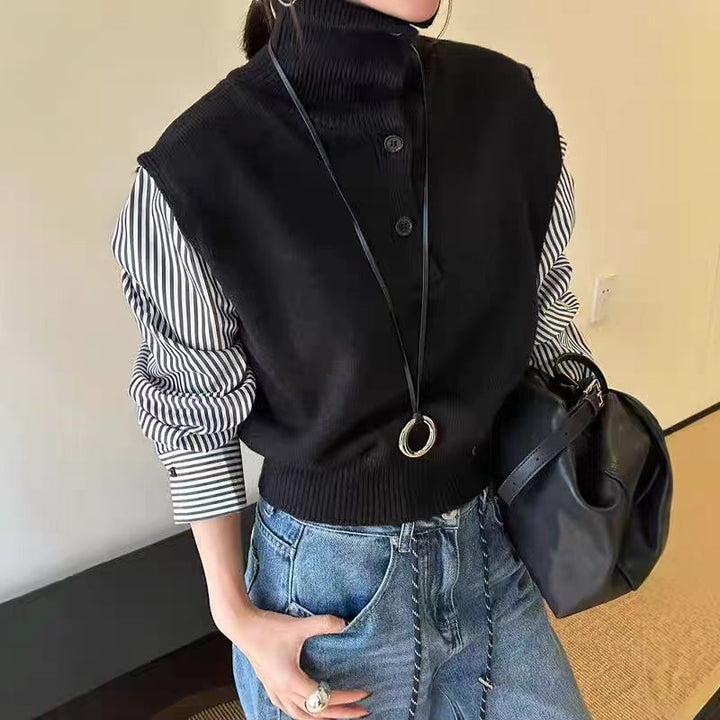 Dame moderigtig turtleneck sweater vest med skjorteærmer og knapdetaljer Stilla