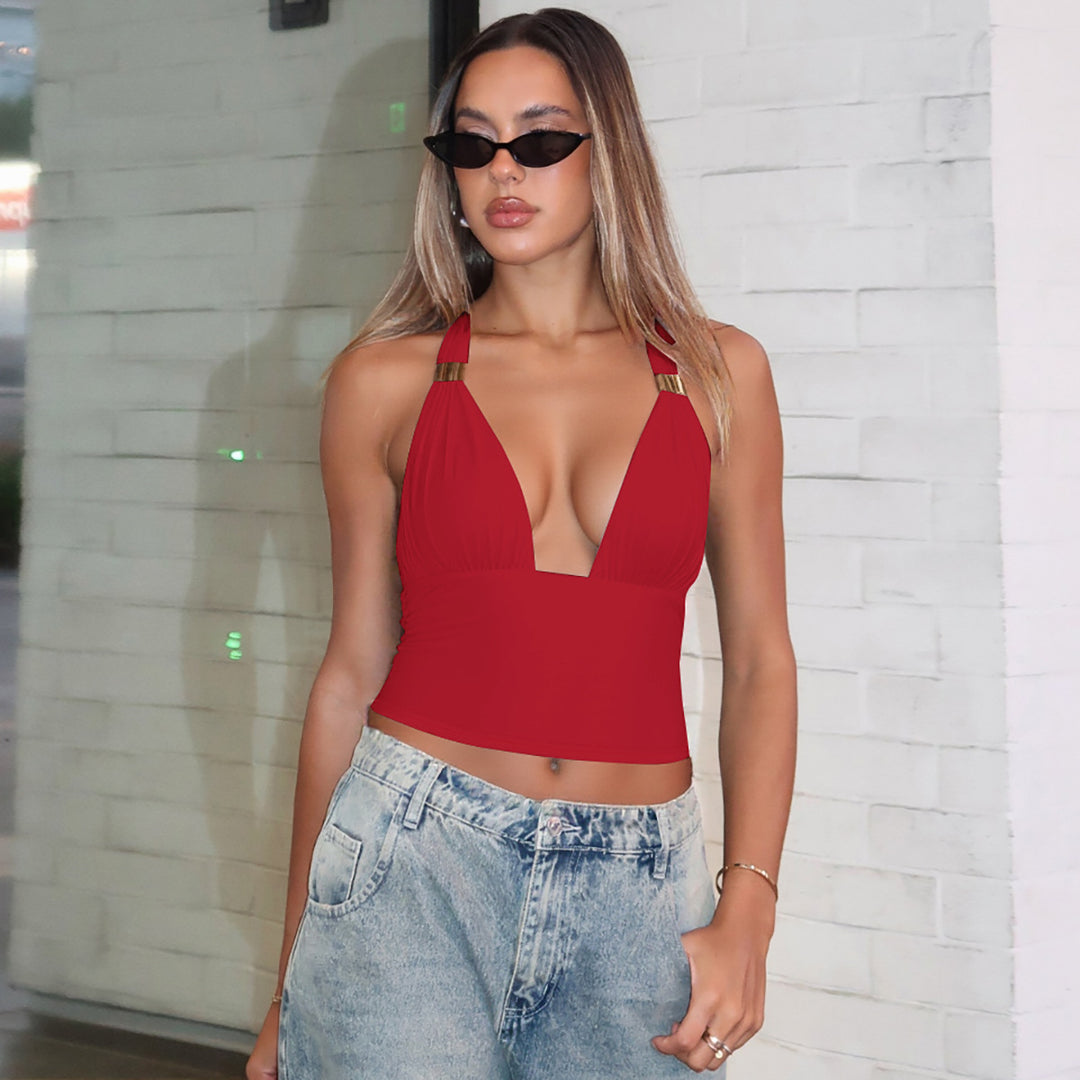 Dame Crop-Top med dyb V-udskæring og elegante stropdetaljer Skovae