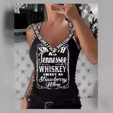 Dame tanktop med V-udskæring og iøjnefaldende tryk Skovae