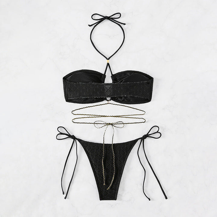 Dame Bandeau-Bikini med dekorative snore og glitrende detaljer Stilla