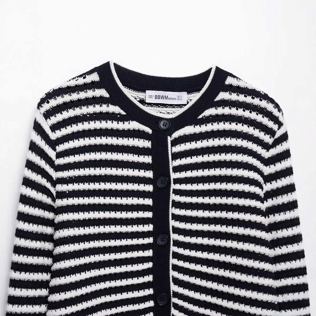 Dame Stribet Strikcardigan Pullover med Bølgekant Stilla