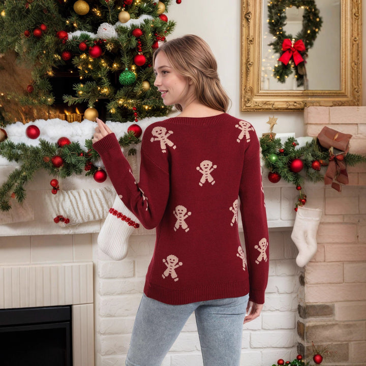 Kvindelig strikket sweater med festligt ingefærbrødsmotiv og løs pasform Stilla