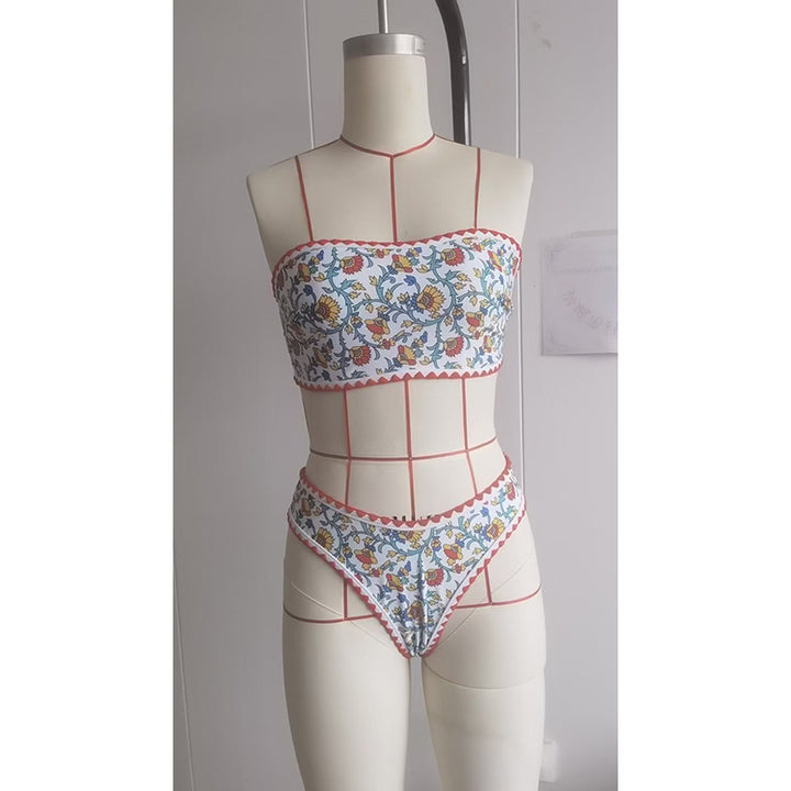 Damer bandeau-bikini med blomstermønster og dobbel kantafslutning Skovae