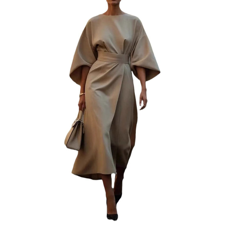 Dame elegant Maxikjole med oversized ærmer og tætsiddende bælte Stilla
