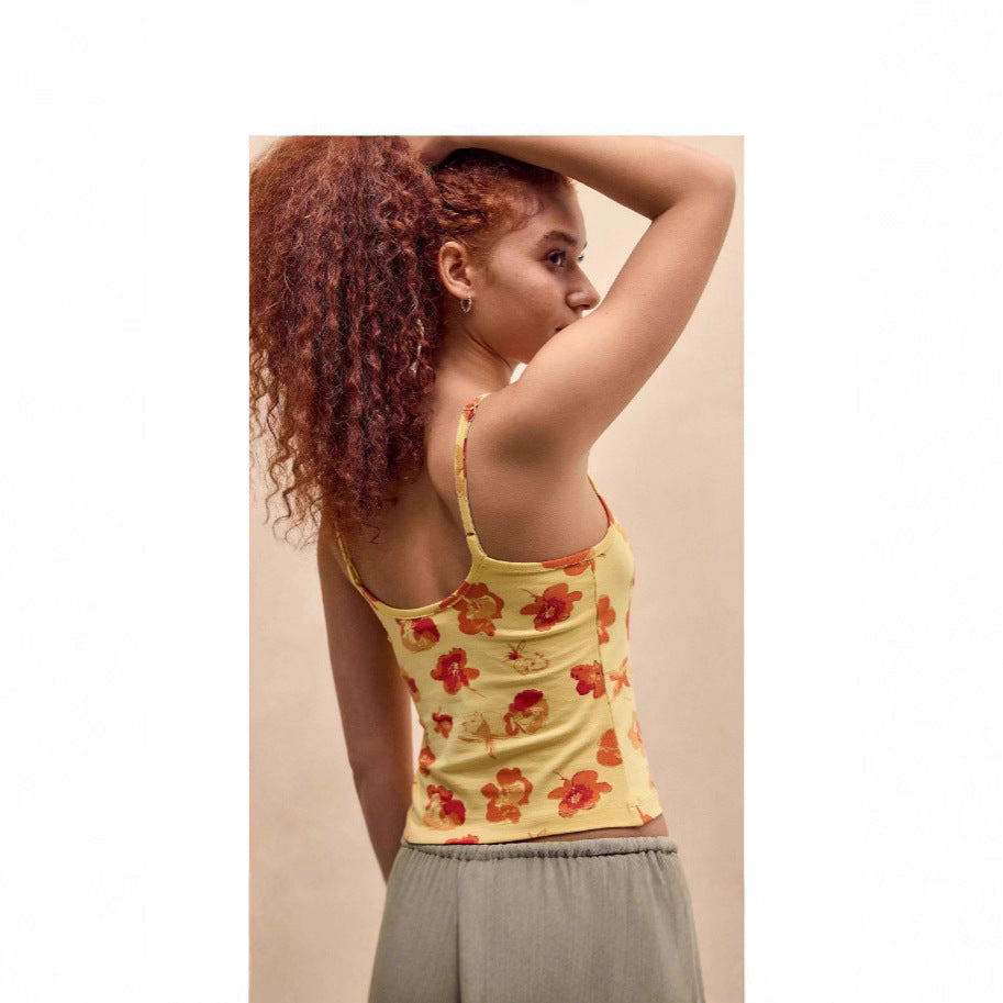 Dame floral spaghetti-top med spidskant Skovae