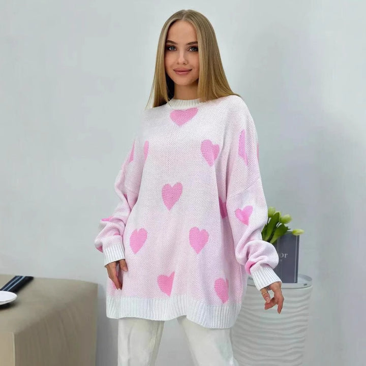 Dame grovstrik pullover med hjerte motiv og dropped shoulders Stilla