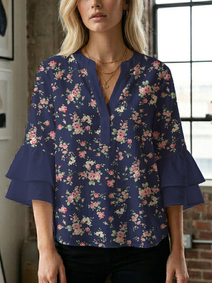 Dame skjorte med voluminøse ærmer og blomsterdesign Skovae