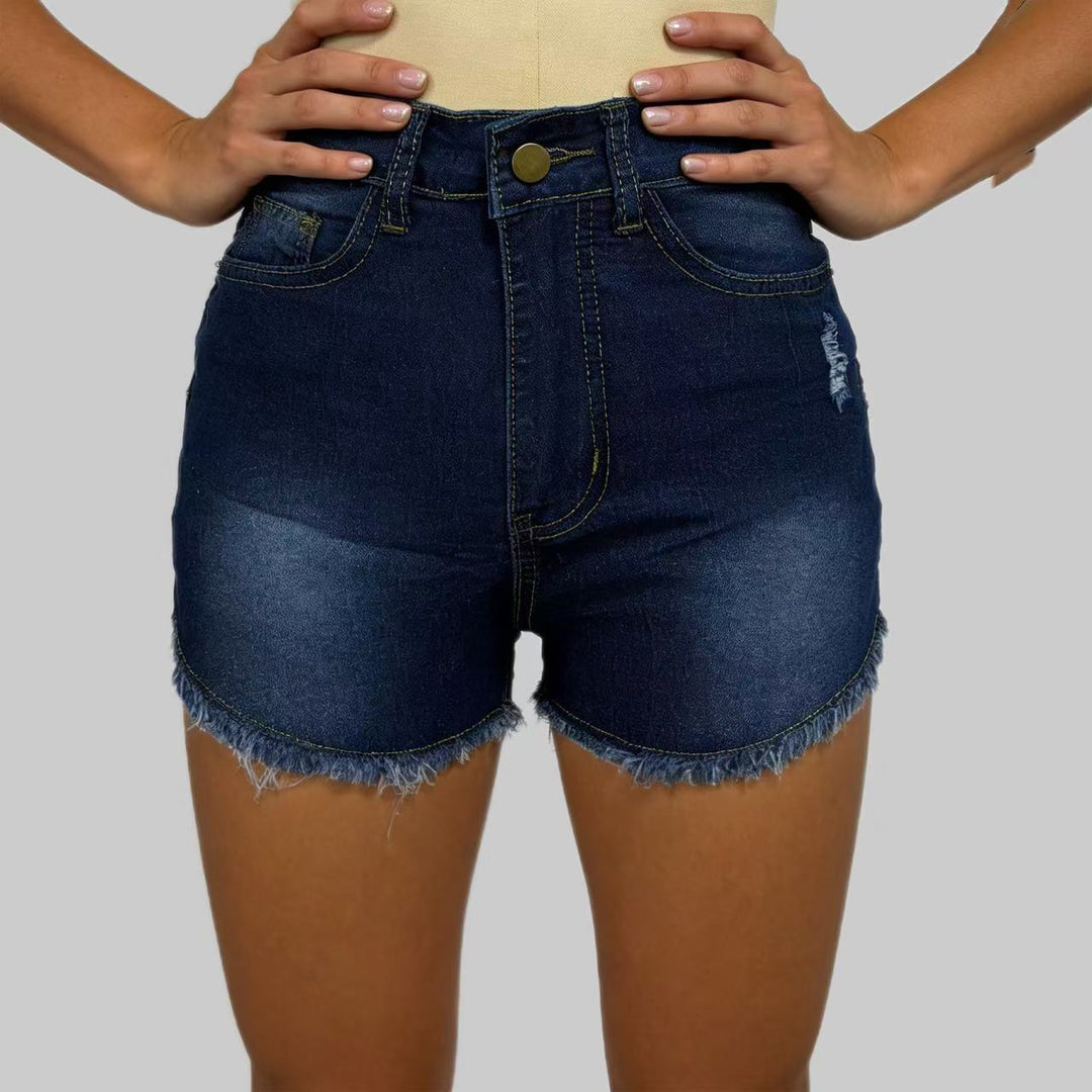 Dame højskårne denim shorts i trendy franse-look Skovae