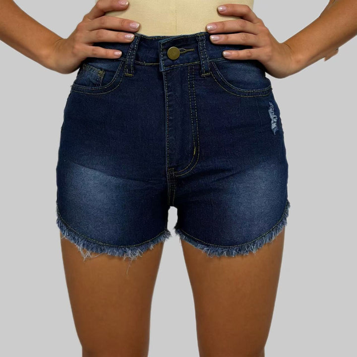 Dame højskårne denim shorts i trendy franse-look Skovae
