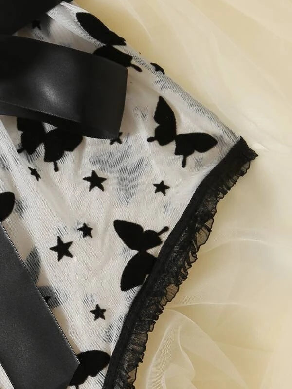Dame Sommerfugltryk Gennemsigtig Bodystocking med Satinbånd-Detalje Stilla