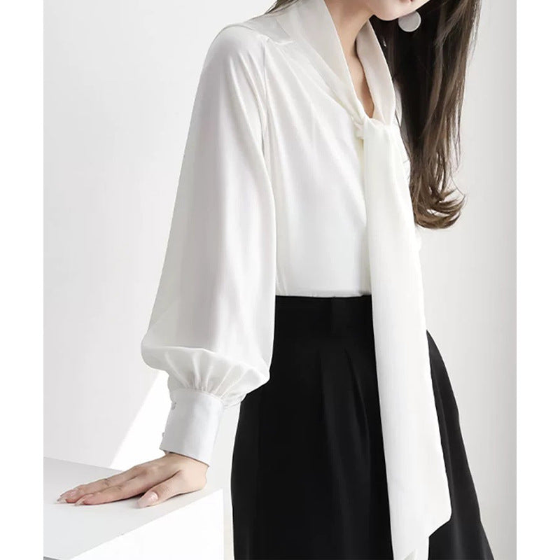 Dame elegant Bluse med sløjfe krave og puffærmer Stilla