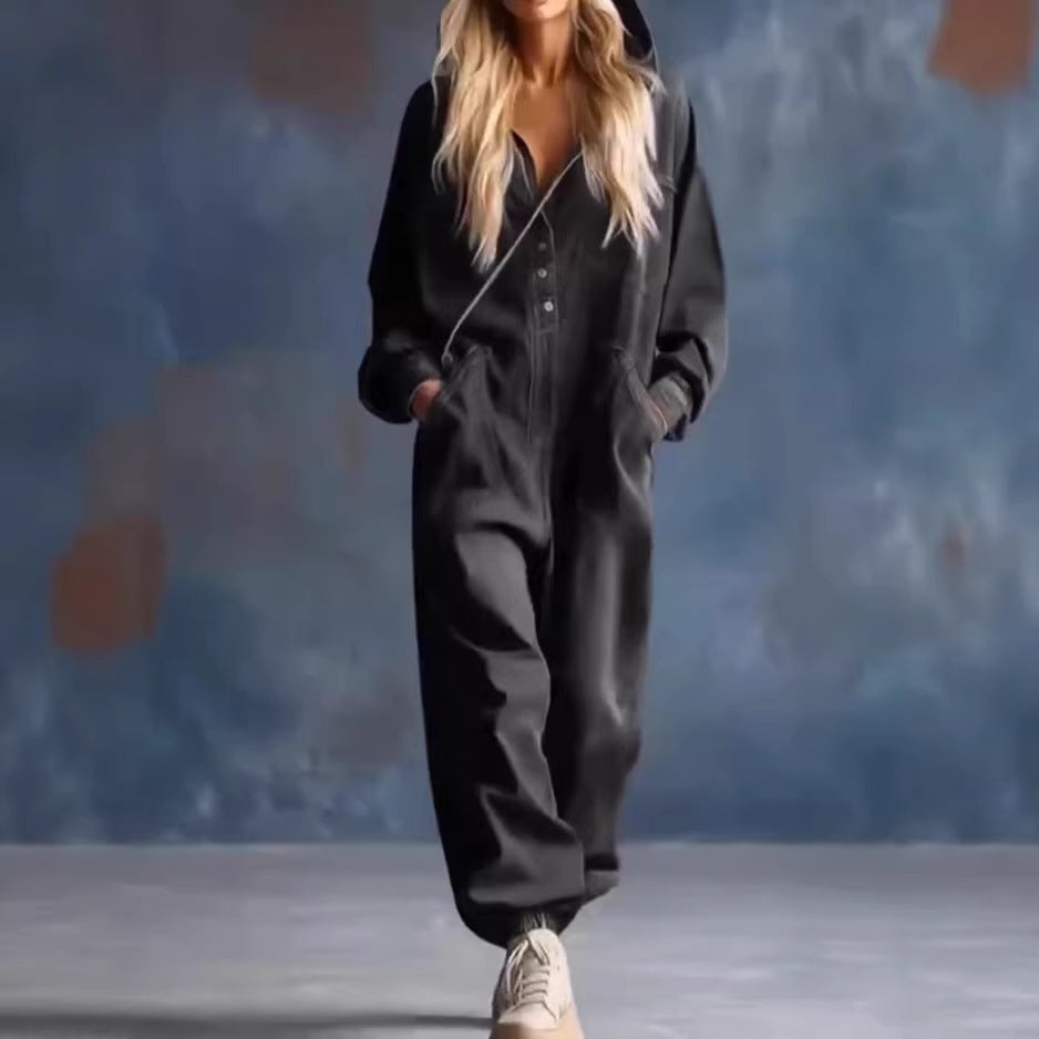 Kvinders afslappede denim jumpsuit med hætte og praktiske lommer Stilla