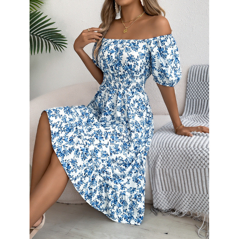 Dame Smocked Floral Print Midi Kjole med sidelæg Stilla
