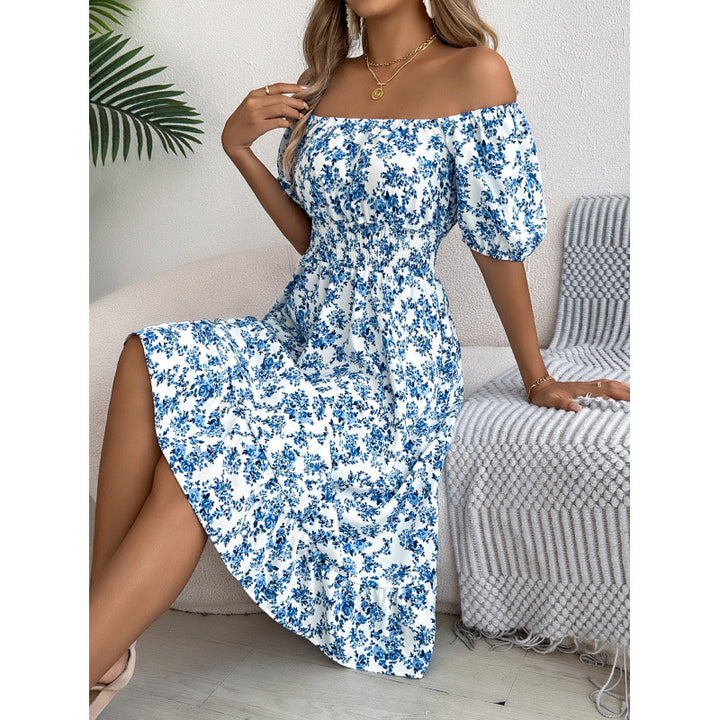 Dame Smocked Floral Print Midi Kjole med sidelæg Stilla