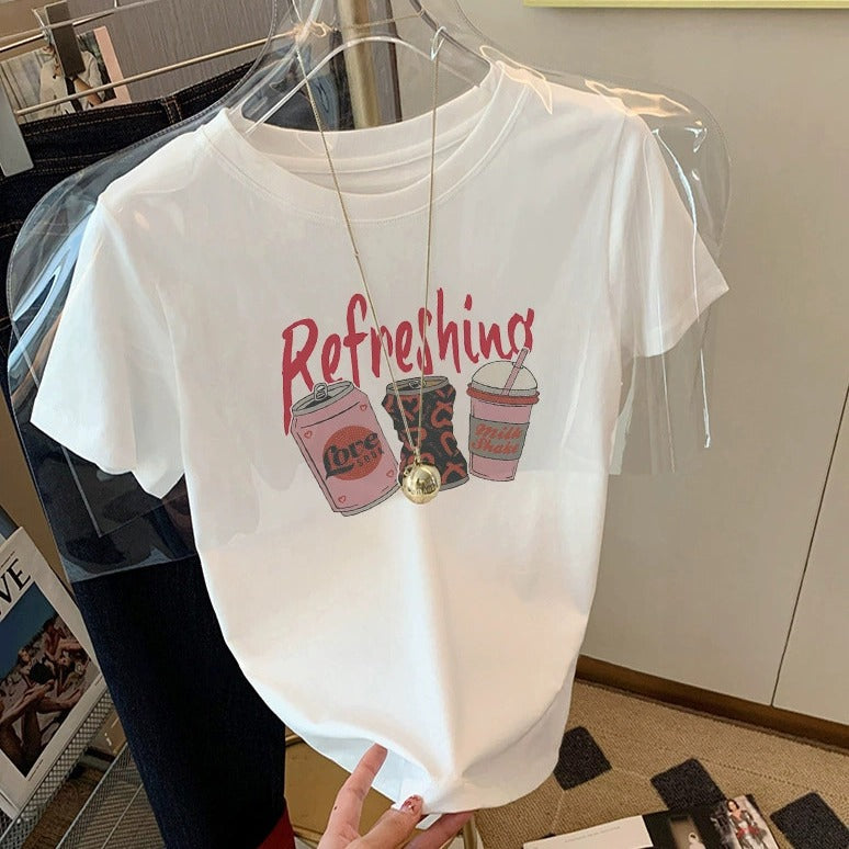 Dame T-shirt med kreativ drikmotiv og afslappet snit Stilla