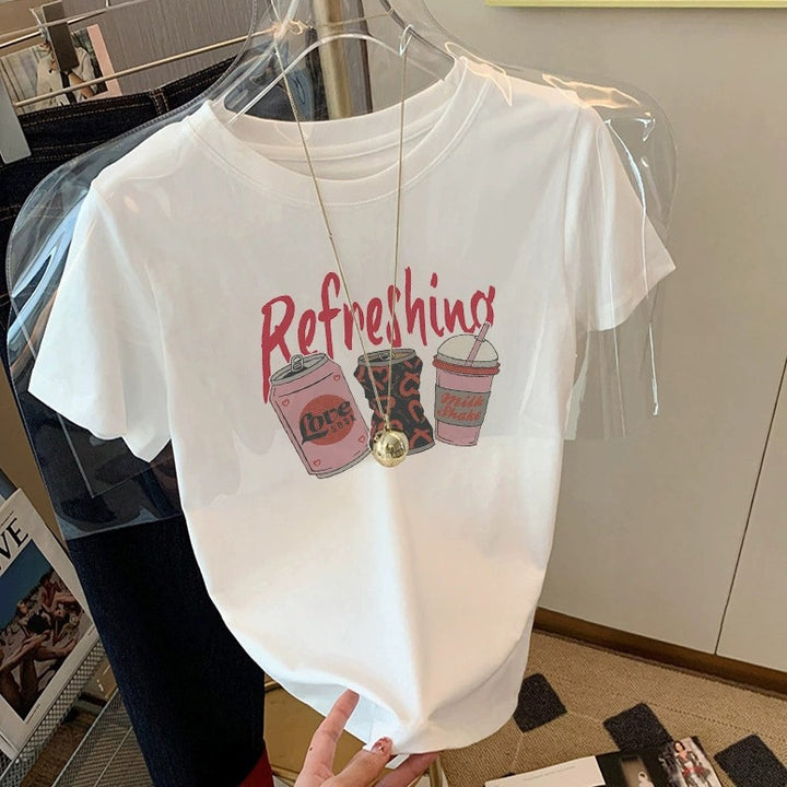 Dame T-shirt med kreativ drikmotiv og afslappet snit Stilla