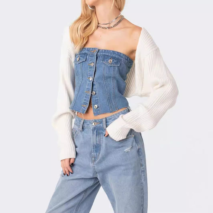 Dame Denim-Crop-Top med strikket overtræk Skovae