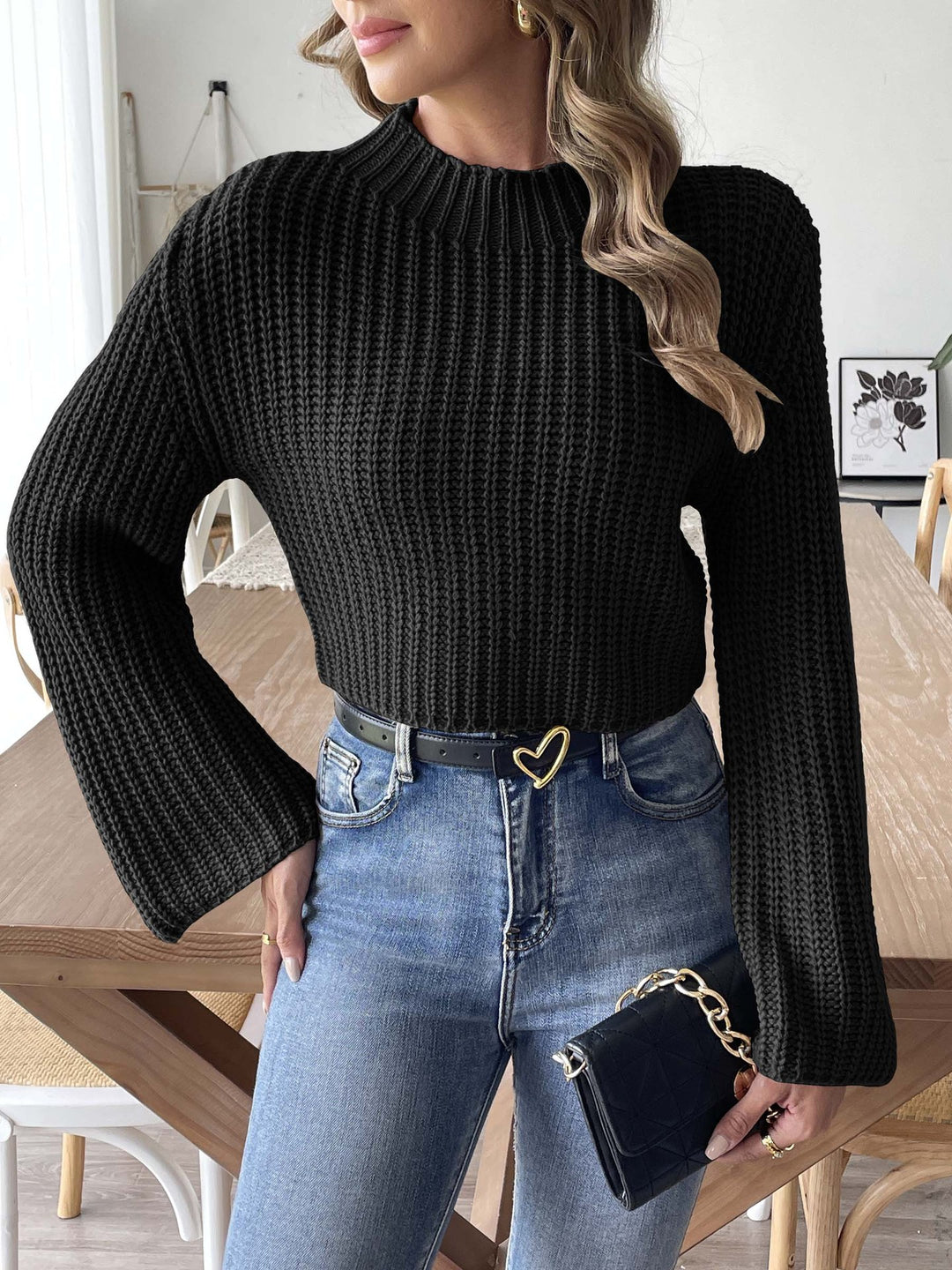 Dame strikpullover med bred arm Stilla