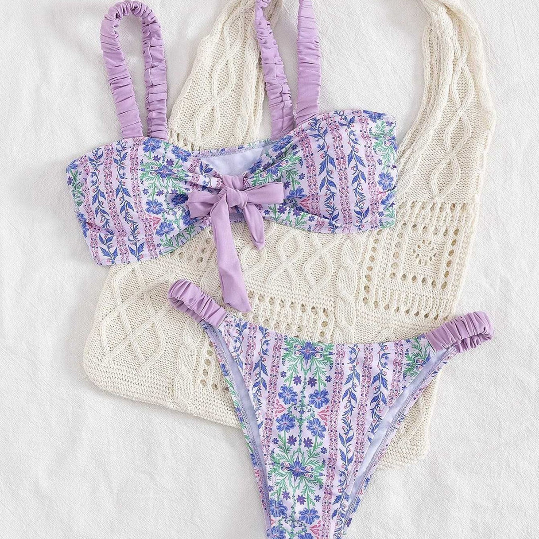 Dame Bandeau-bikini med blomsterdesign og legesyge flæser Skovae