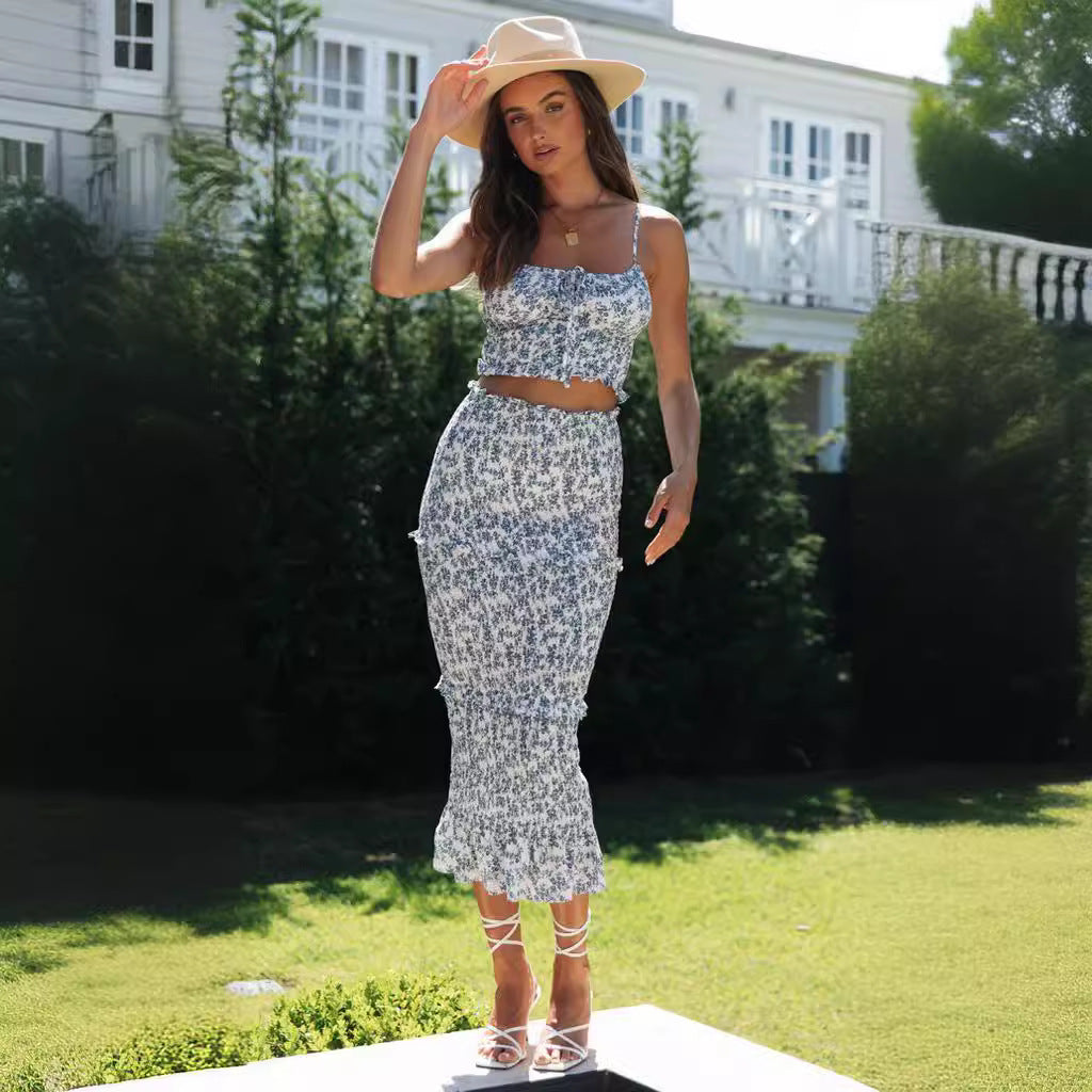 Dame to-delt sæt med floral top og elastisk midi-nederdel Stilla