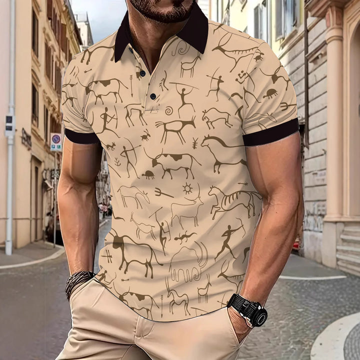 Herrer polo t-shirt med kreativ hulemaleri tryk og åndbare egenskaber Stilla