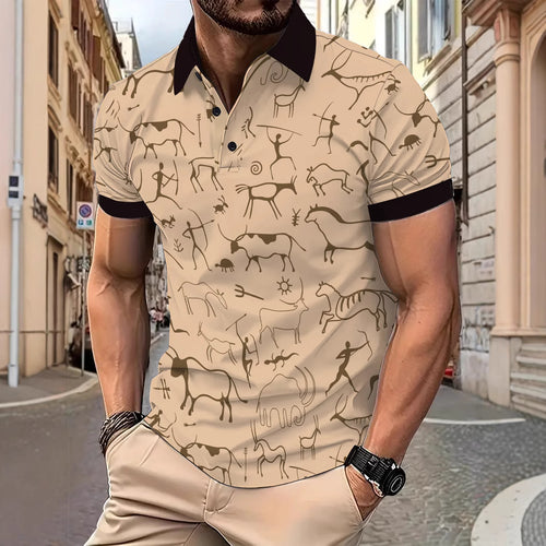 Herrer polo t-shirt med kreativ hulemaleri tryk og åndbare egenskaber Stilla